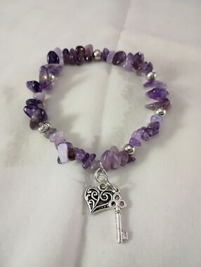 Purple Amethyst Chip Bracelet with Heart & Key Charms